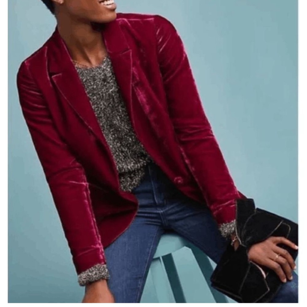 Anthropologie Women’s 14 Ett Twa Gallery Velvet Blazer Maroon Jacket One Button